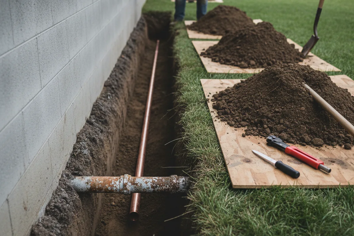 Excavated water line trench during Water Heater Repair in Newburgh